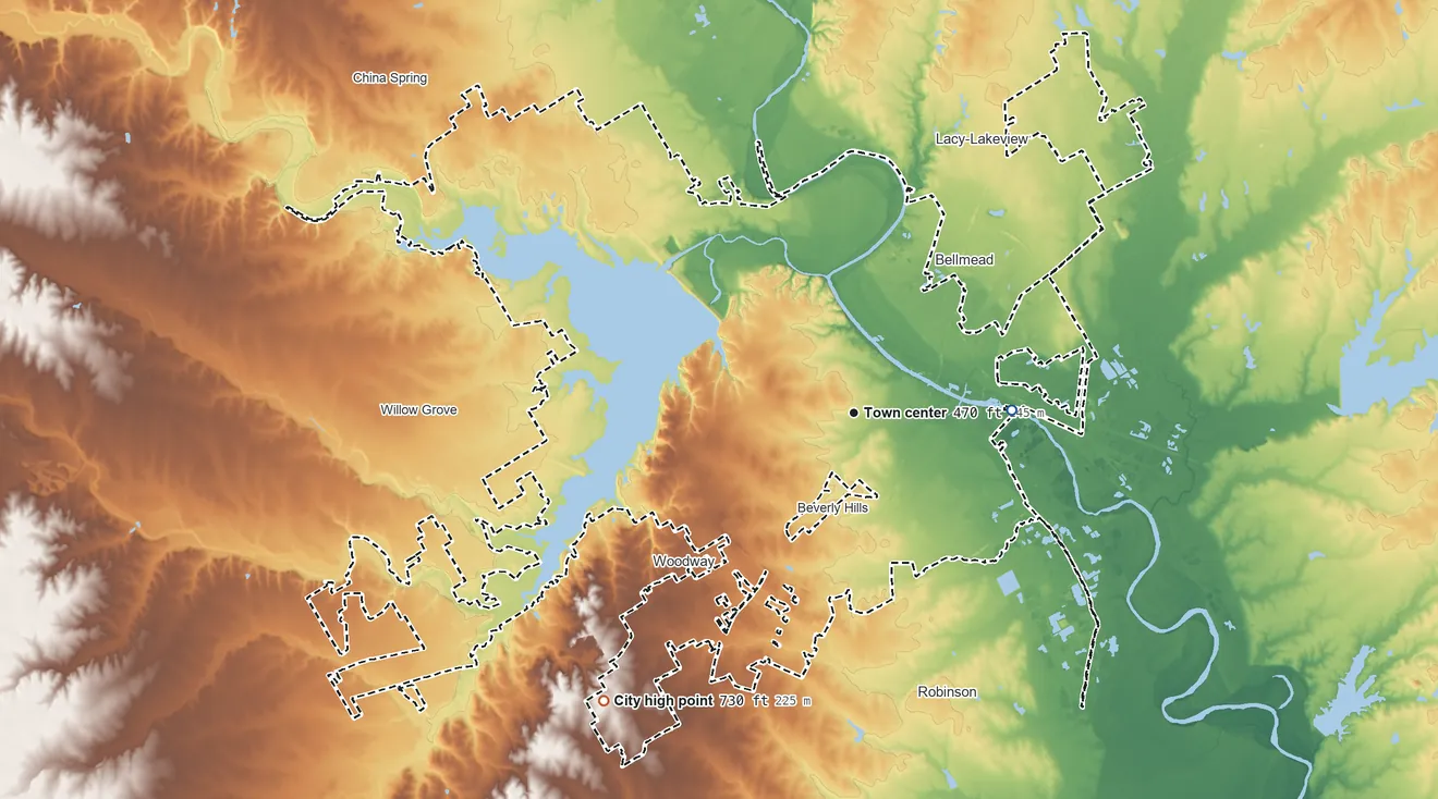 Topographic elevation map of Waco, Texas, shaded from 350 ft on the east side to 730 ft on the southwest side