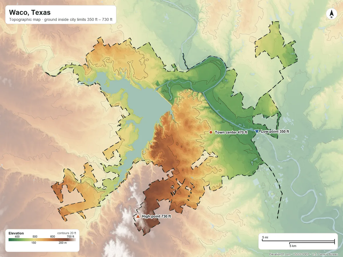 Topographic elevation map of Waco, Texas, shaded from 350 ft on the east side to 730 ft on the southwest side