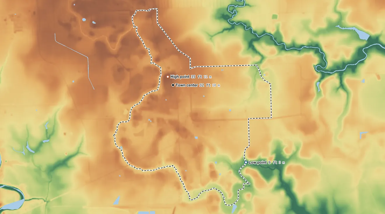 Topographic elevation map of Wadsworth, Texas, shaded from 9 ft on the southeast side to 35 ft near the middle