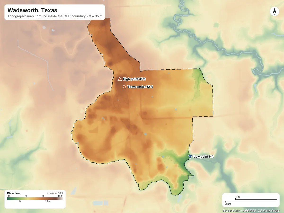 Topographic elevation map of Wadsworth, Texas, shaded from 9 ft on the southeast side to 35 ft near the middle