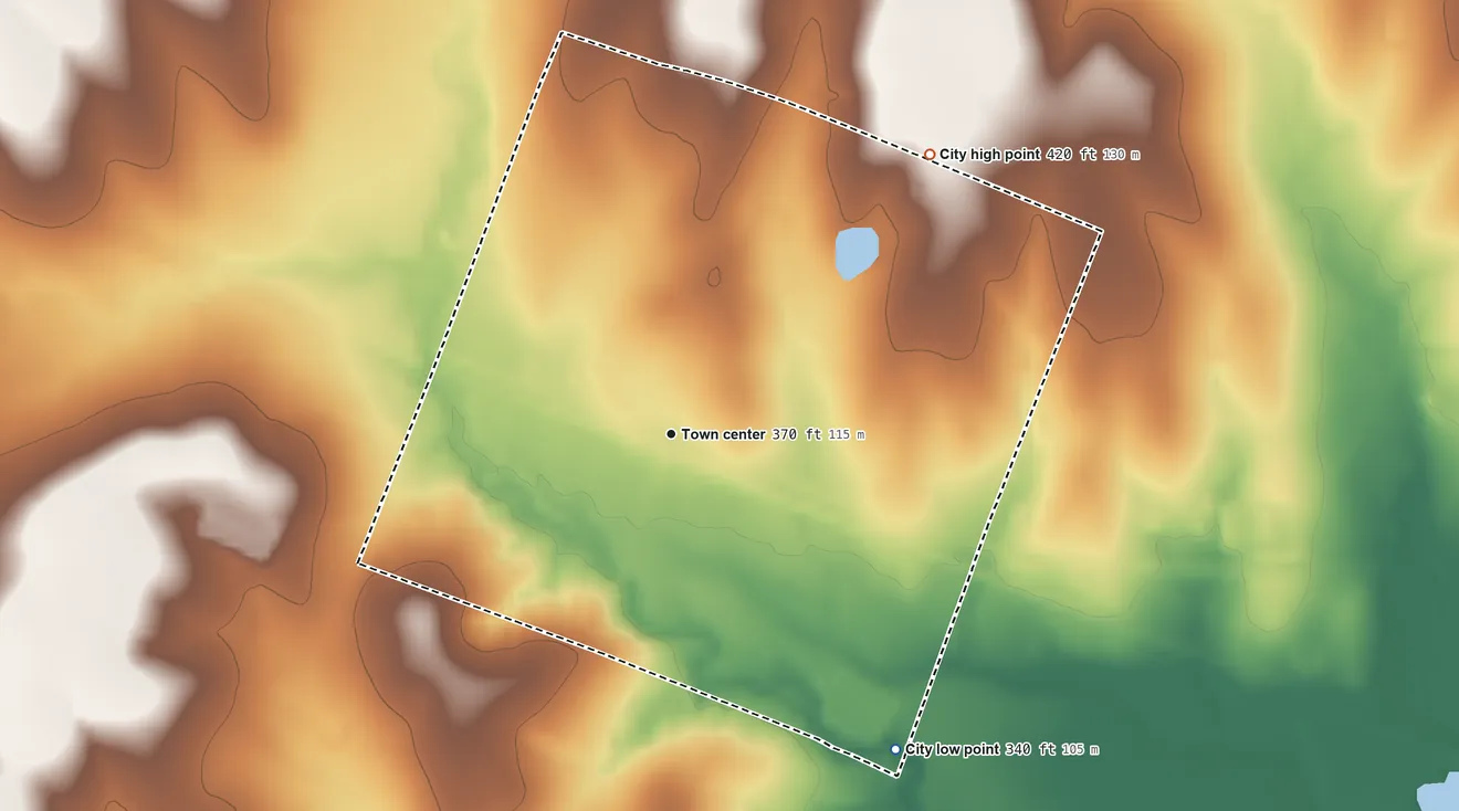 Topographic elevation map of Waelder, Texas, shaded from 340 ft on the southeast side to 420 ft on the northeast side