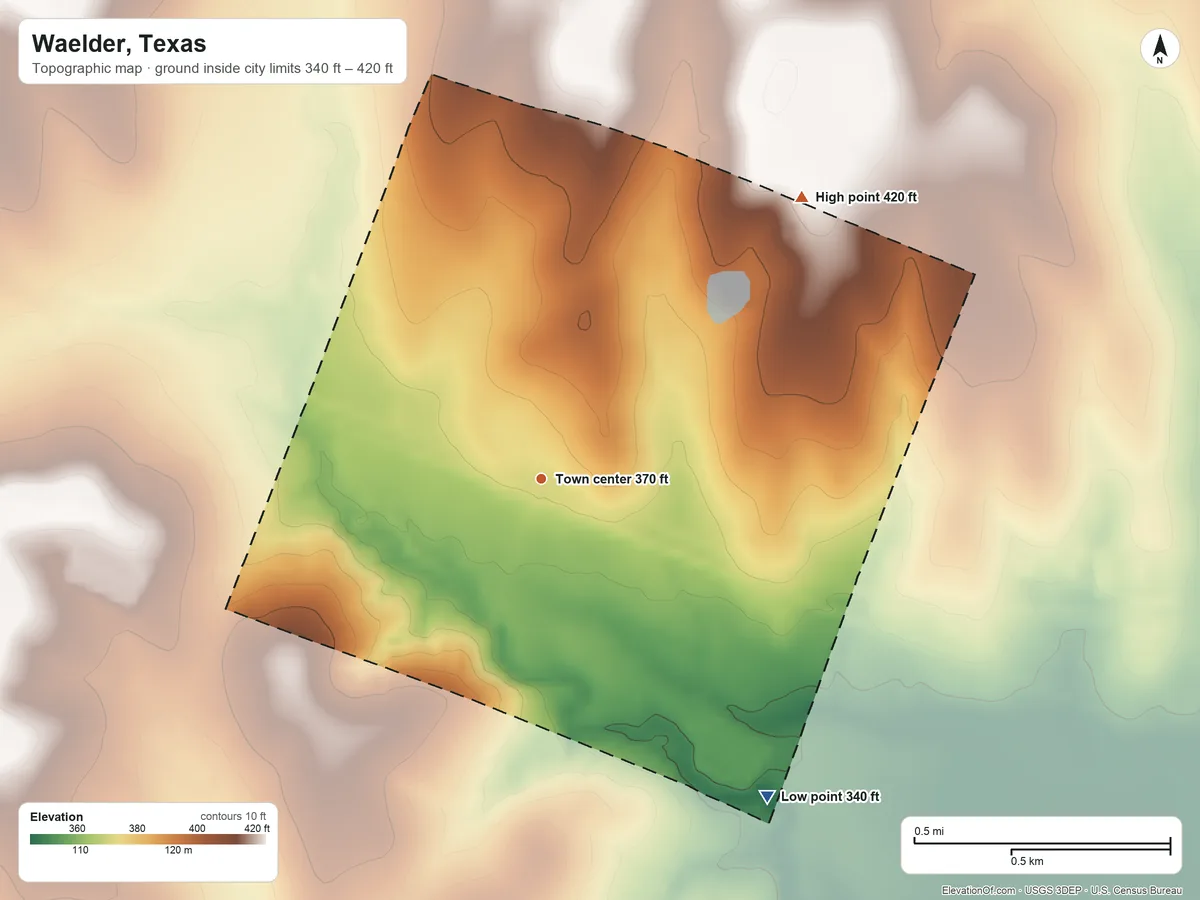 Topographic elevation map of Waelder, Texas, shaded from 340 ft on the southeast side to 420 ft on the northeast side