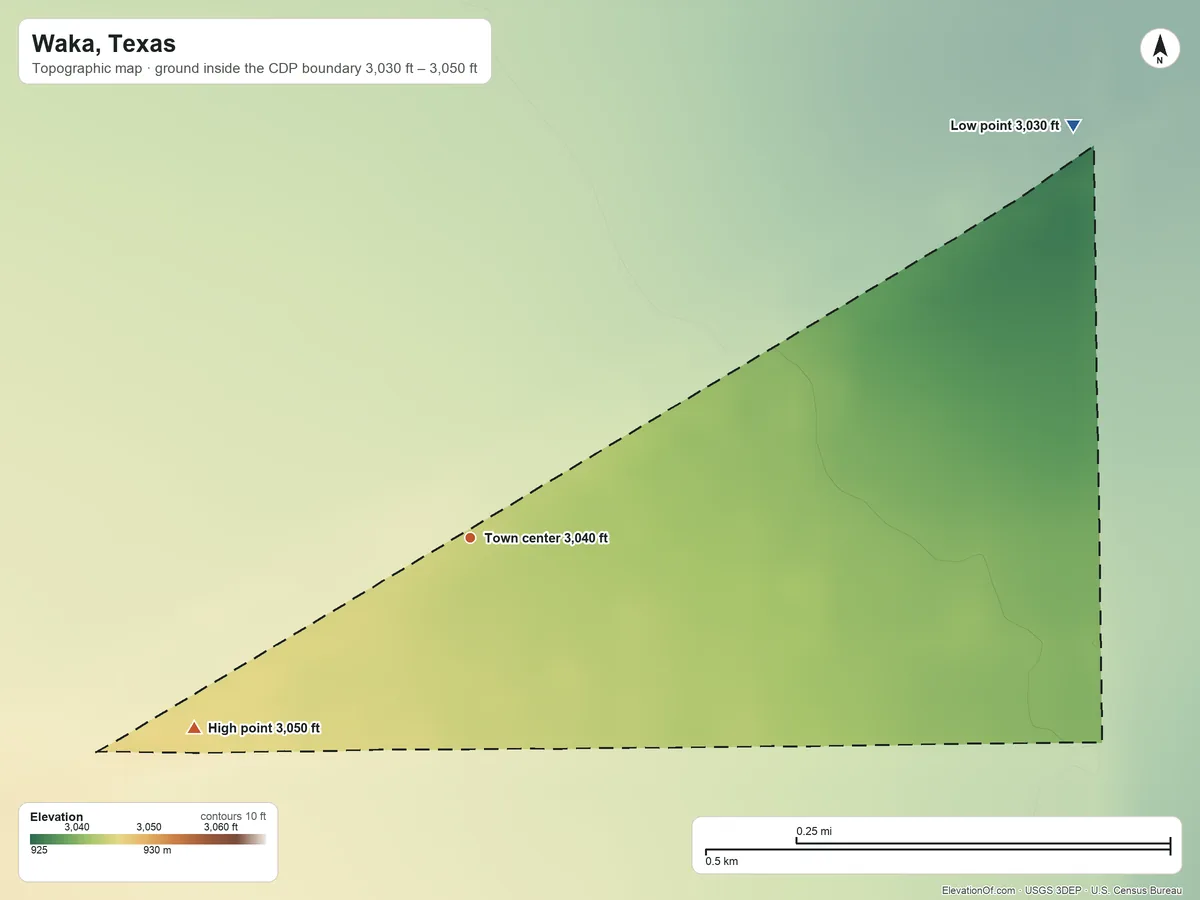 Topographic elevation map of Waka, Texas, shaded from 3,030 ft on the northeast side to 3,050 ft on the southwest side