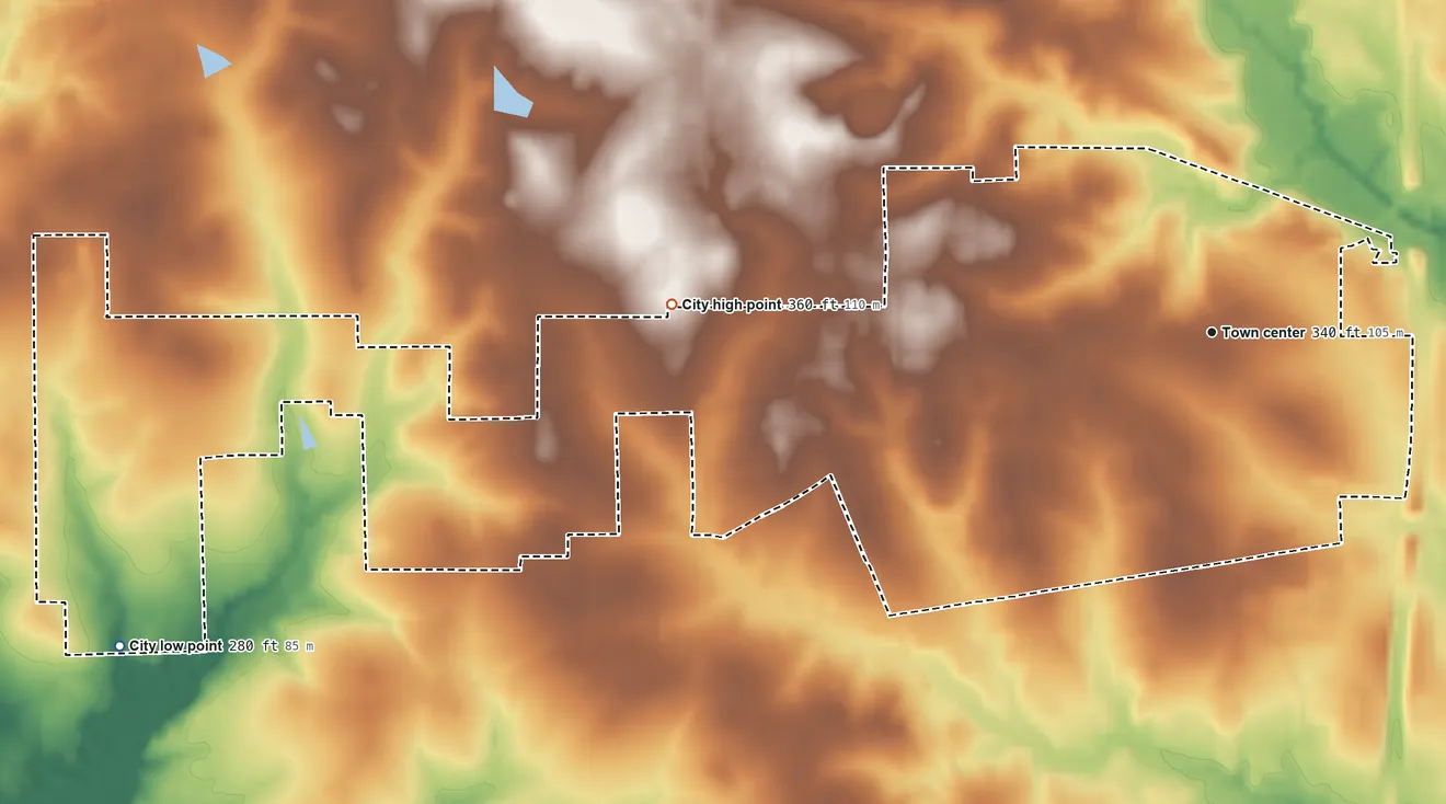 Topographic elevation map of Wake Village, Texas, shaded from 280 ft on the west side to 360 ft on the west side