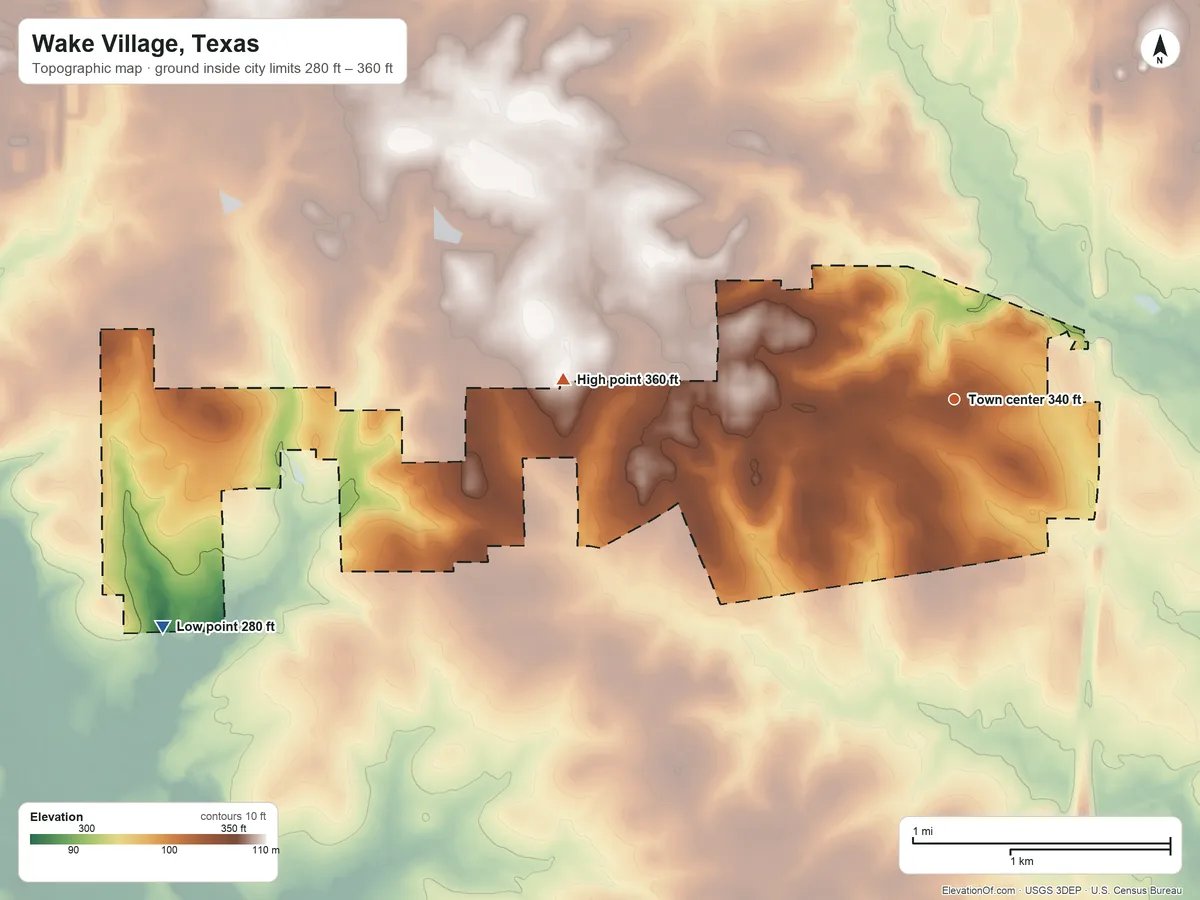 Topographic elevation map of Wake Village, Texas, shaded from 280 ft on the west side to 360 ft on the west side