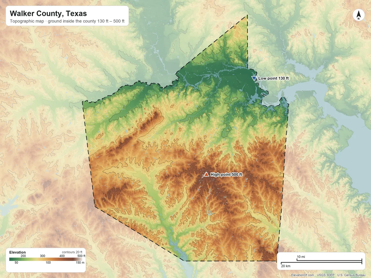 Topographic elevation map of Walker County, Texas, shaded from 130 ft on the northeast side to 500 ft on the southeast side