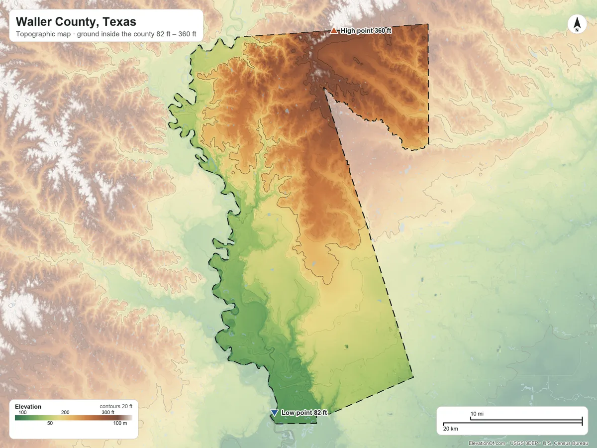Topographic elevation map of Waller County, Texas, shaded from 82 ft on the south side to 360 ft on the north side