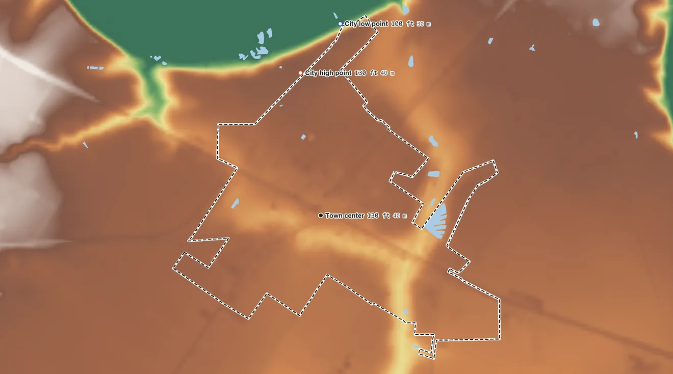 Topographic elevation map of Wallis, Texas, shaded from 100 ft on the north side to 130 ft on the north side