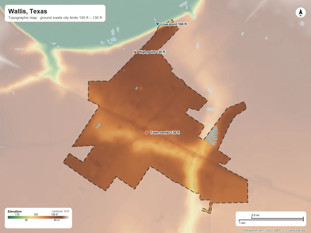Topographic elevation map of Wallis, Texas, shaded from 100 ft on the north side to 130 ft on the north side