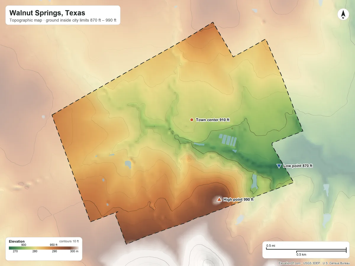 Topographic elevation map of Walnut Springs, Texas, shaded from 870 ft on the southeast side to 990 ft on the south side