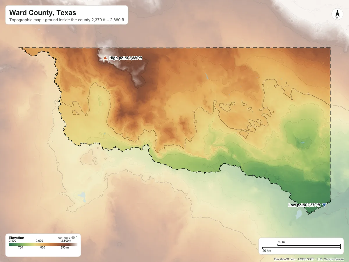 Topographic elevation map of Ward County, Texas, shaded from 2,370 ft on the southeast side to 2,880 ft on the northwest side