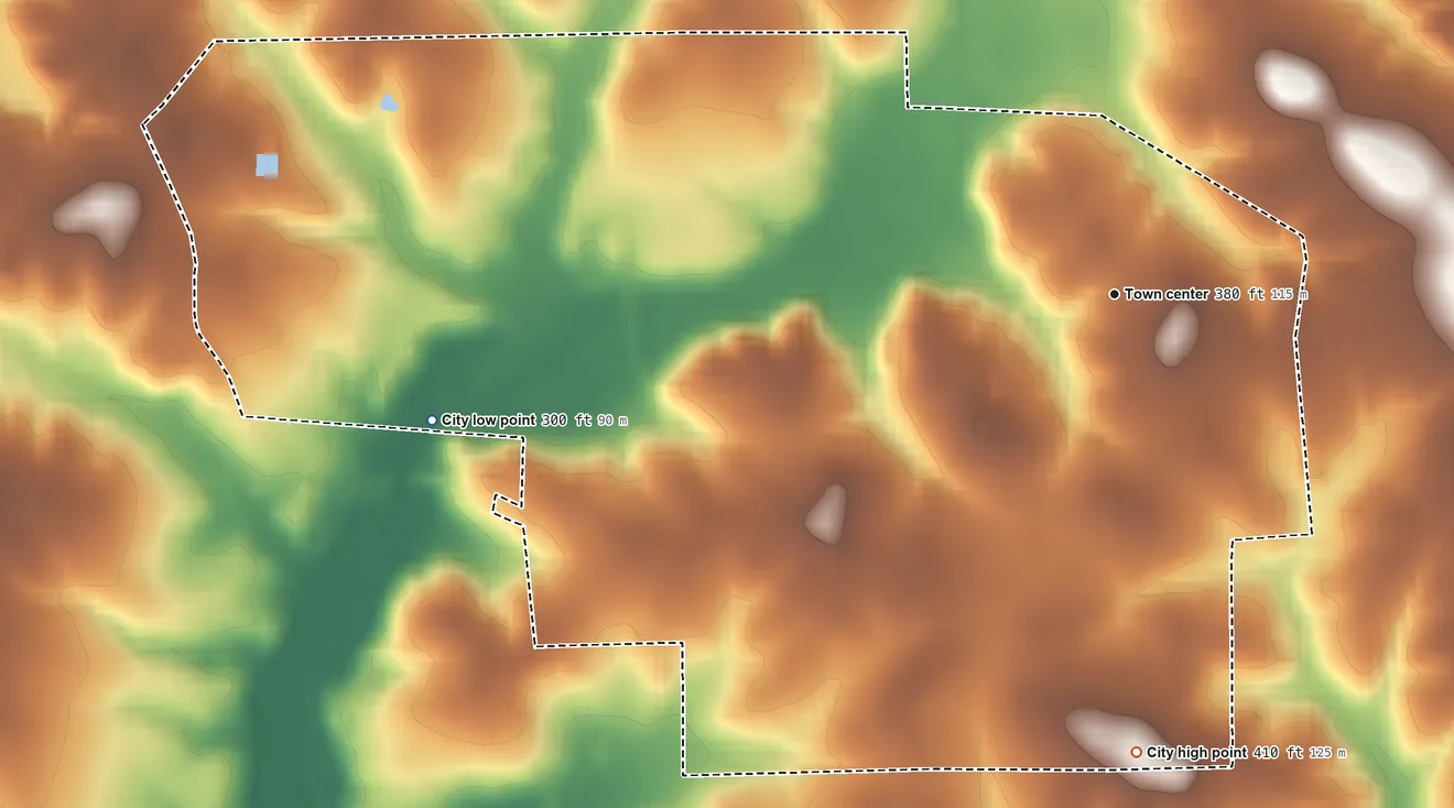 Topographic elevation map of Warren City, Texas, shaded from 300 ft on the west side to 410 ft on the south side