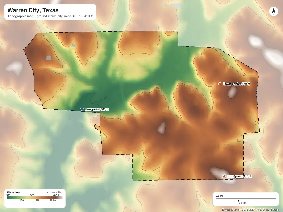 Topographic elevation map of Warren City, Texas, shaded from 300 ft on the west side to 410 ft on the south side