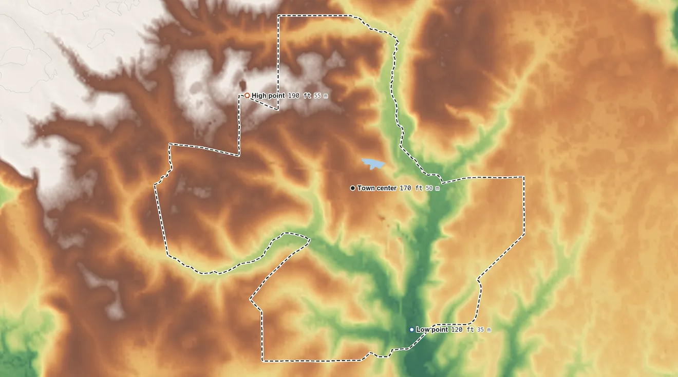 Topographic elevation map of Warren, Texas, shaded from 120 ft on the southeast side to 190 ft on the northwest side