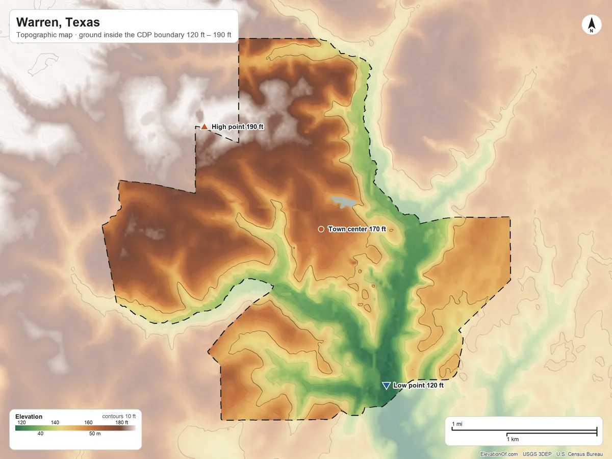 Topographic elevation map of Warren, Texas, shaded from 120 ft on the southeast side to 190 ft on the northwest side