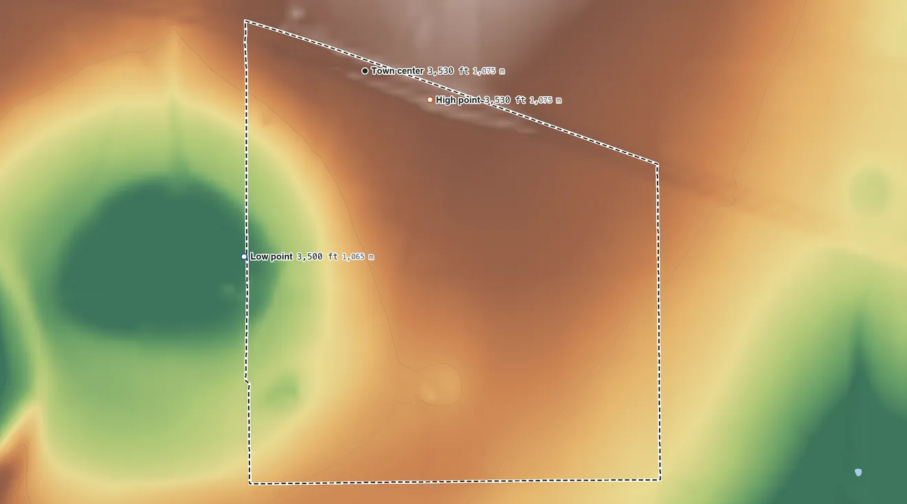 Topographic elevation map of Washburn, Texas, shaded from 3,500 ft on the southwest side to 3,530 ft on the southeast side