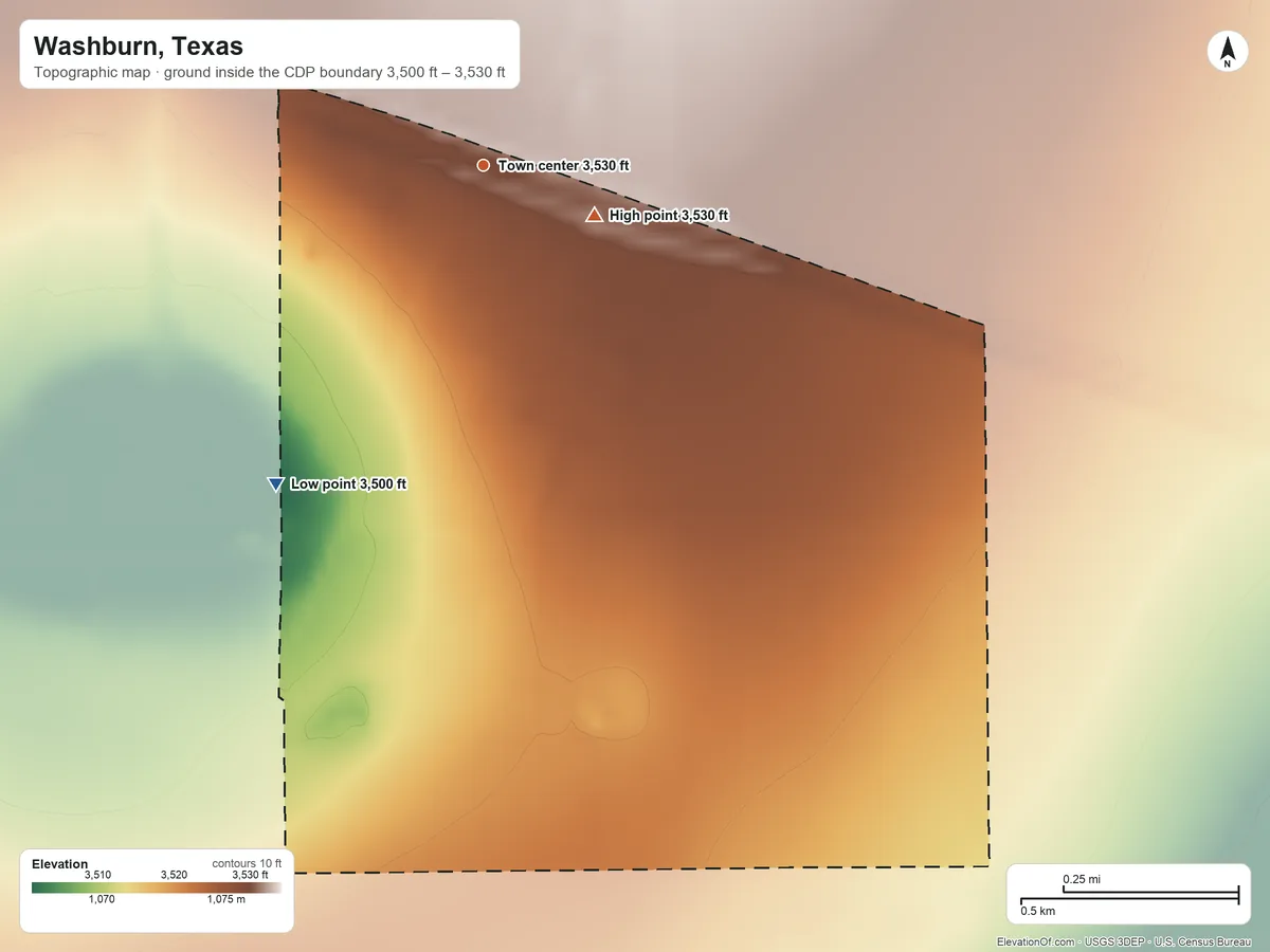 Topographic elevation map of Washburn, Texas, shaded from 3,500 ft on the southwest side to 3,530 ft on the southeast side