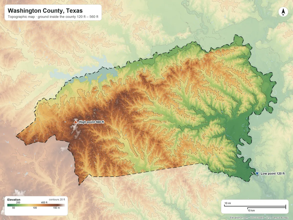 Topographic elevation map of Washington County, Texas, shaded from 120 ft on the southeast side to 560 ft on the west side