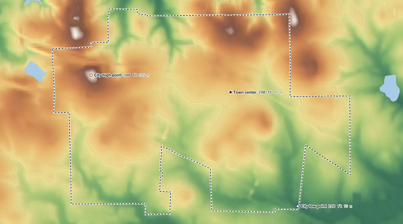 Topographic elevation map of Waskom, Texas, shaded from 240 ft on the southeast side to 340 ft on the west side