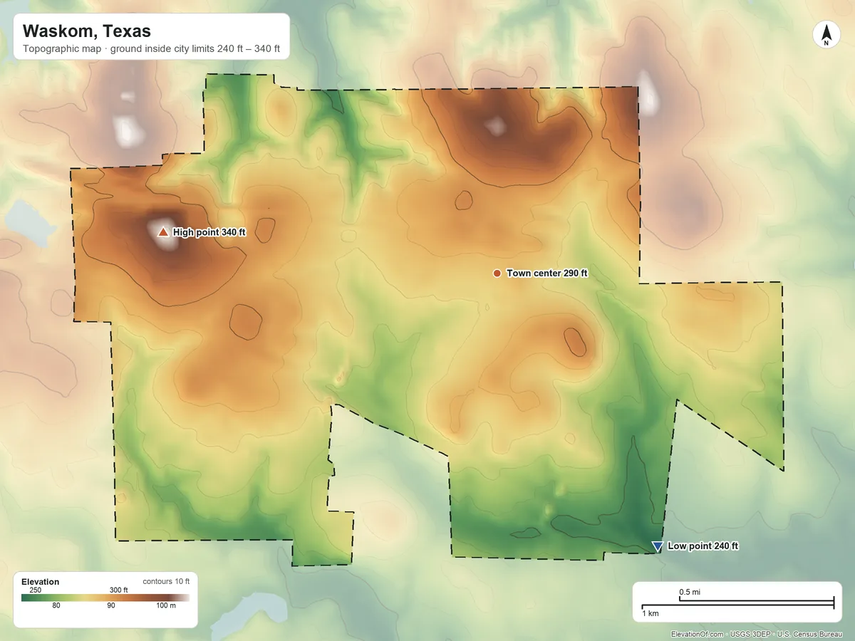 Topographic elevation map of Waskom, Texas, shaded from 240 ft on the southeast side to 340 ft on the west side
