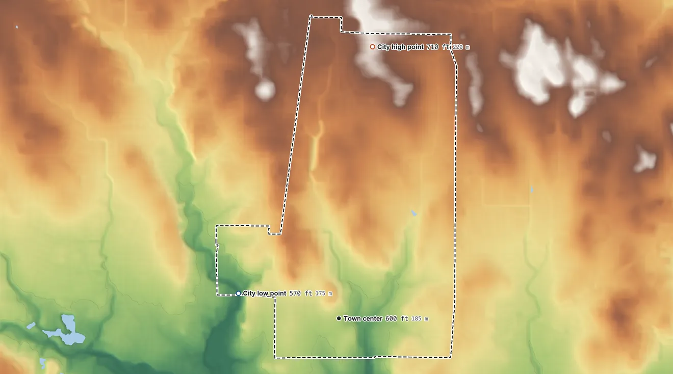 Topographic elevation map of Watauga, Texas, shaded from 570 ft on the west side to 710 ft on the north side