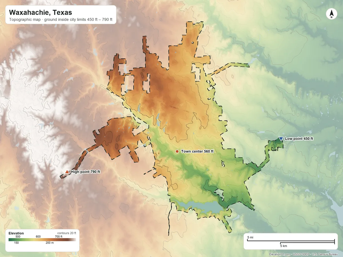 Topographic elevation map of Waxahachie, Texas, shaded from 450 ft on the east side to 790 ft on the west side