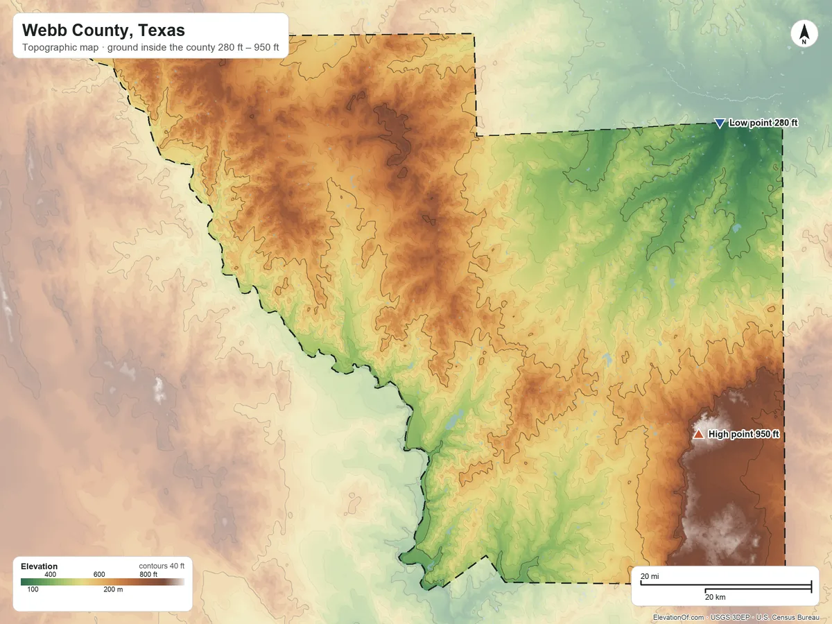 Topographic elevation map of Webb County, Texas, shaded from 280 ft on the northeast side to 950 ft on the southeast side