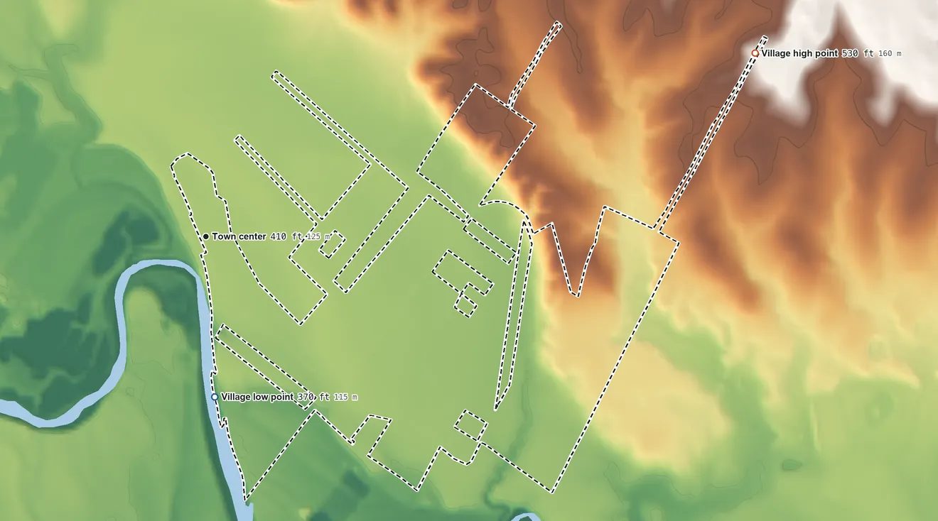 Topographic elevation map of Webberville, Texas, shaded from 370 ft on the south side to 530 ft on the east side