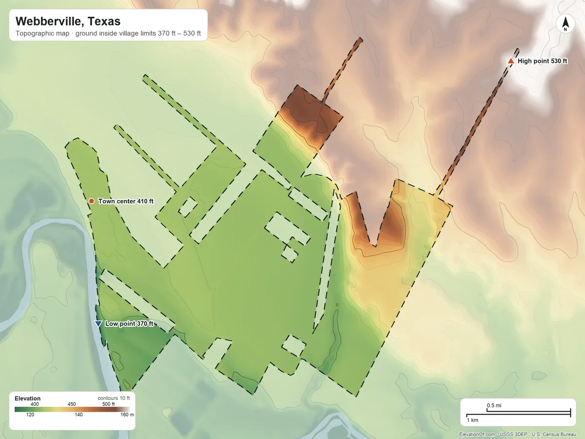 Topographic elevation map of Webberville, Texas, shaded from 370 ft on the south side to 530 ft on the east side