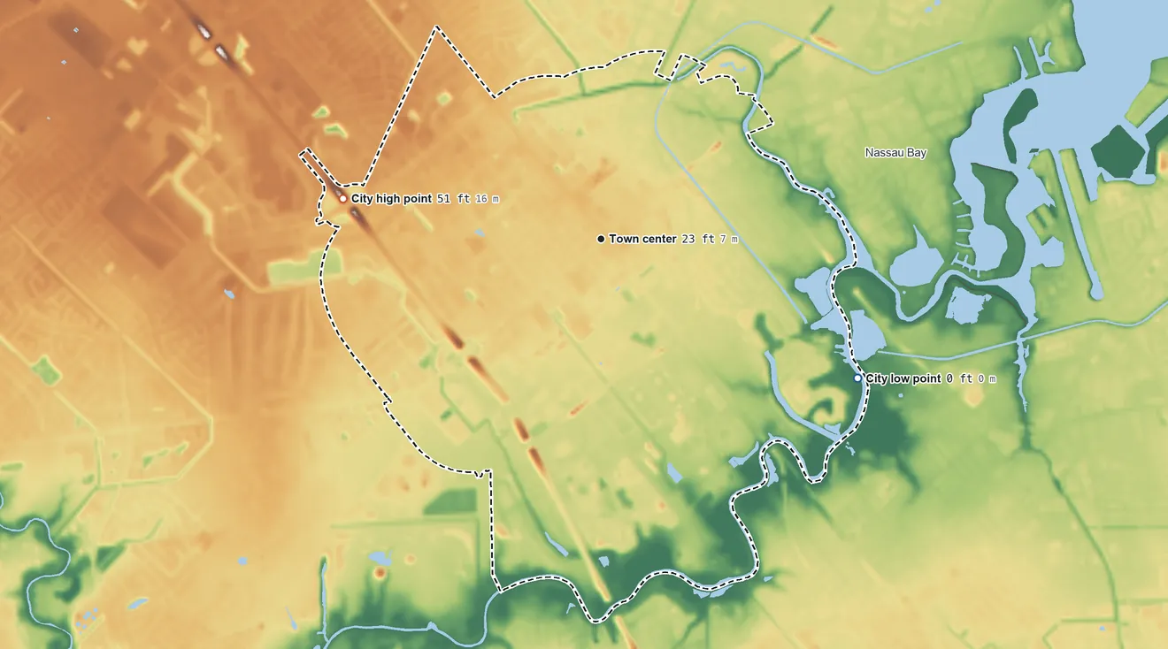 Topographic elevation map of Webster, Texas, shaded from sea level level on Nassau Bay to 51 ft on the west side