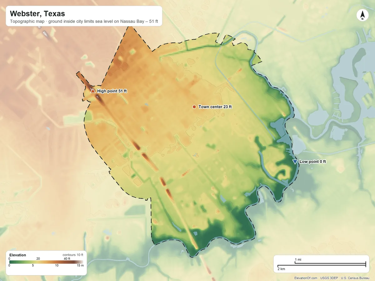 Topographic elevation map of Webster, Texas, shaded from sea level level on Nassau Bay to 51 ft on the west side