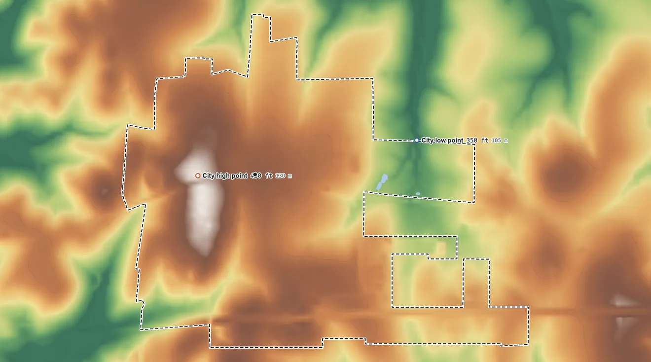 Topographic elevation map of Weimar, Texas, shaded from 350 ft on the east side to 430 ft on the west side