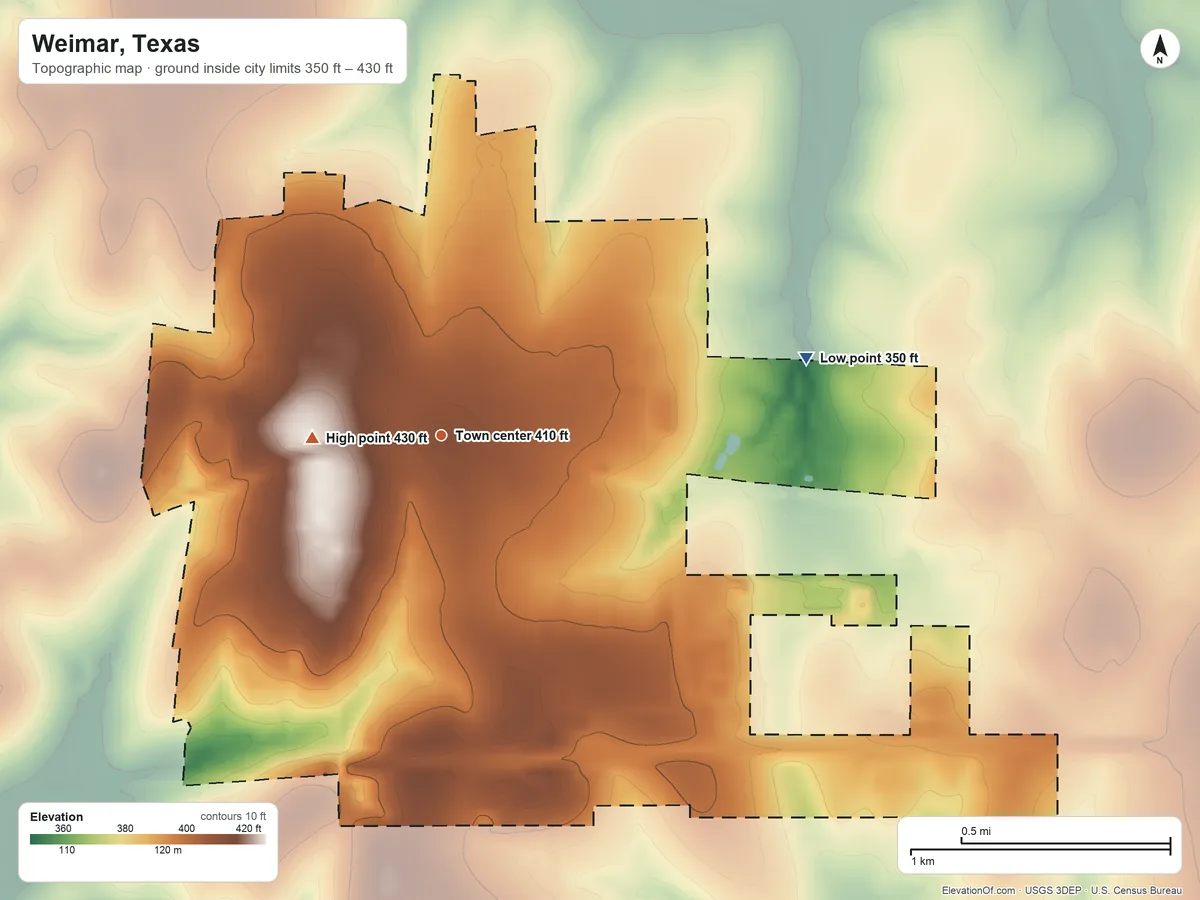 Topographic elevation map of Weimar, Texas, shaded from 350 ft on the east side to 430 ft on the west side