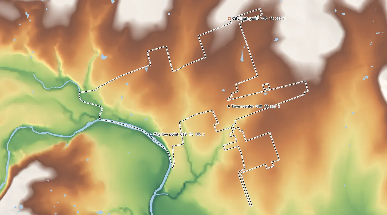 Topographic elevation map of Weir, Texas, shaded from 610 ft on the west side to 730 ft on the north side