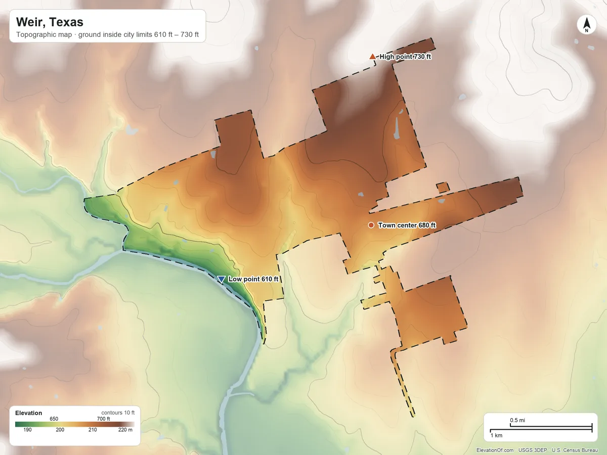 Topographic elevation map of Weir, Texas, shaded from 610 ft on the west side to 730 ft on the north side