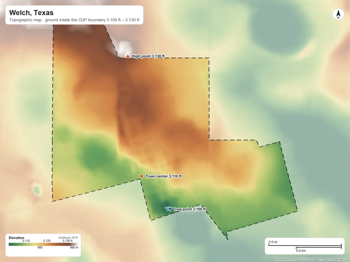 Topographic elevation map of Welch, Texas, shaded from 3,100 ft on the southeast side to 3,130 ft on the north side