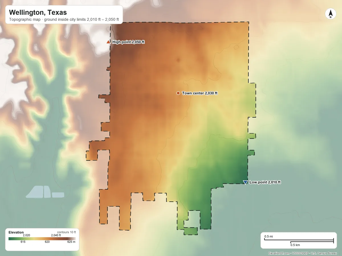 Topographic elevation map of Wellington, Texas, shaded from 2,010 ft on the southeast side to 2,050 ft on the northwest side