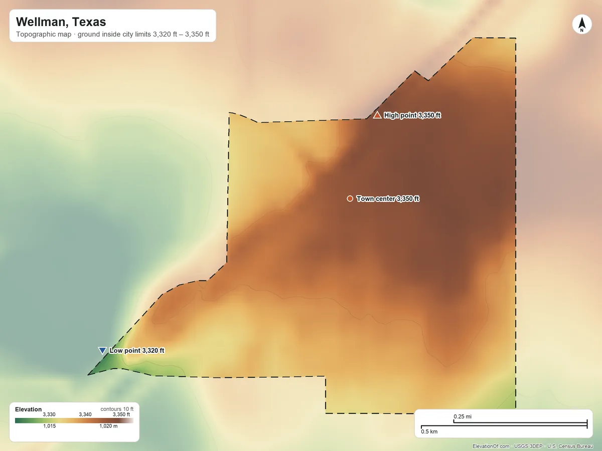 Topographic elevation map of Wellman, Texas, shaded from 3,320 ft on the southwest side to 3,350 ft on the north side