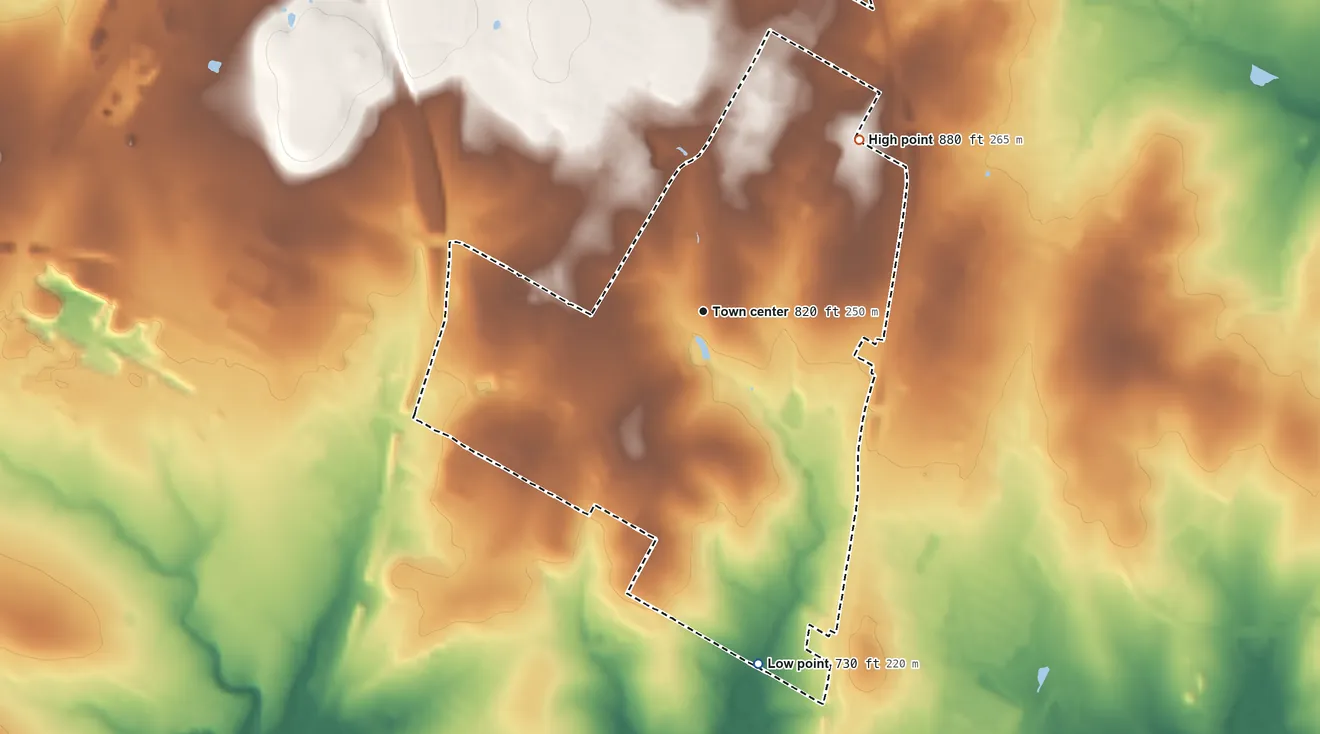 Topographic elevation map of Wells Branch, Texas, shaded from 730 ft on the south side to 880 ft on the northeast side