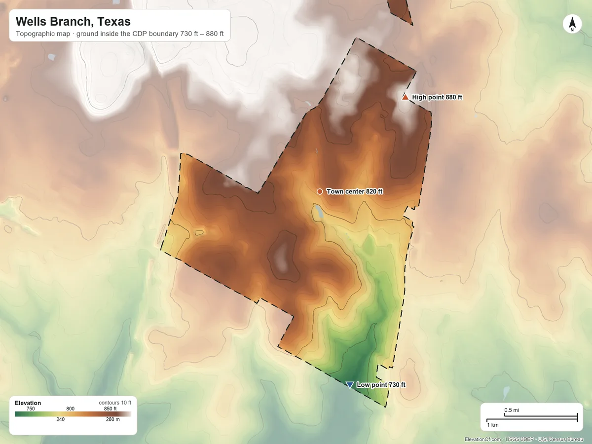 Topographic elevation map of Wells Branch, Texas, shaded from 730 ft on the south side to 880 ft on the northeast side