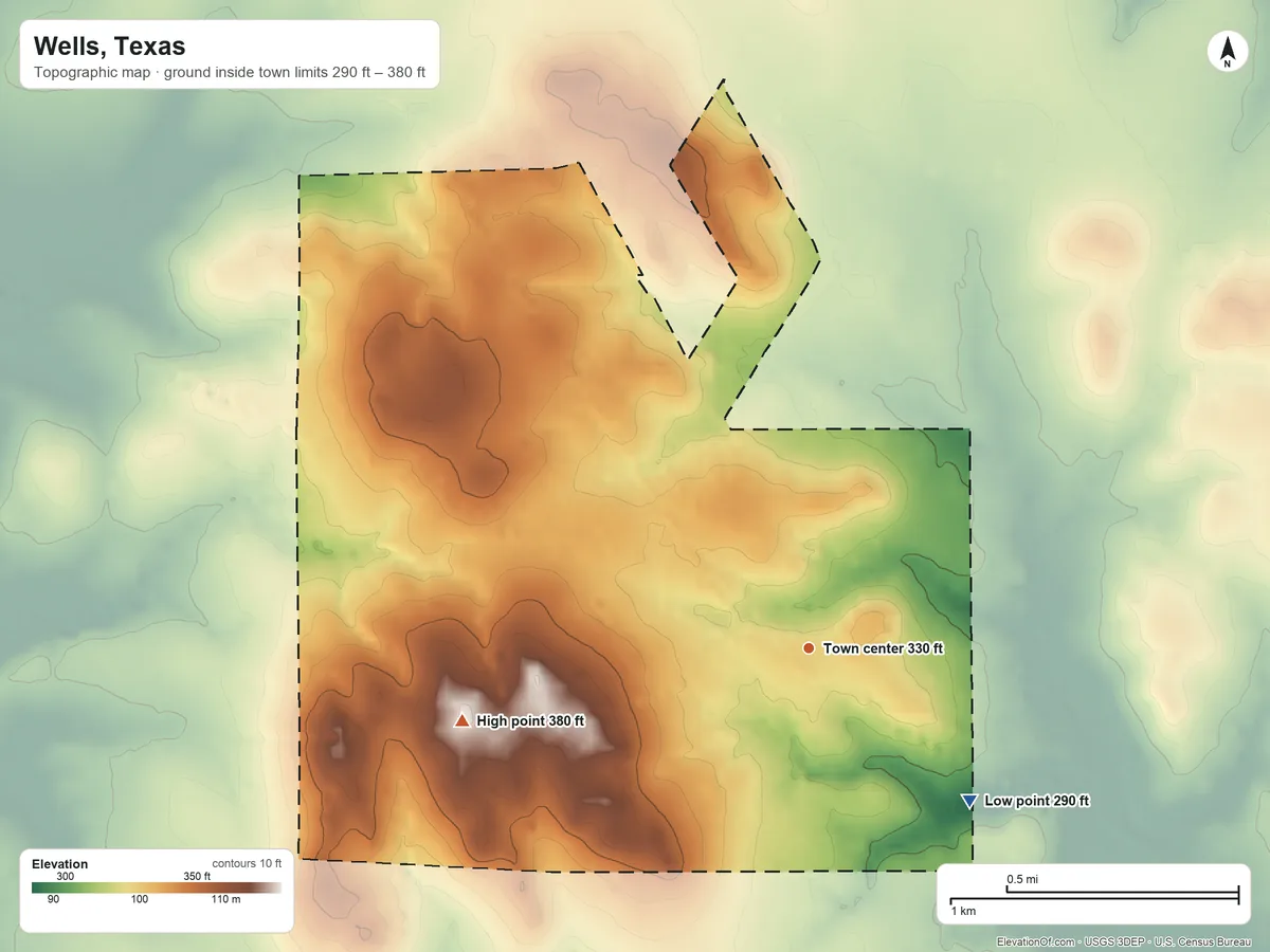 Topographic elevation map of Wells, Texas, shaded from 290 ft on the southeast side to 380 ft on the west side