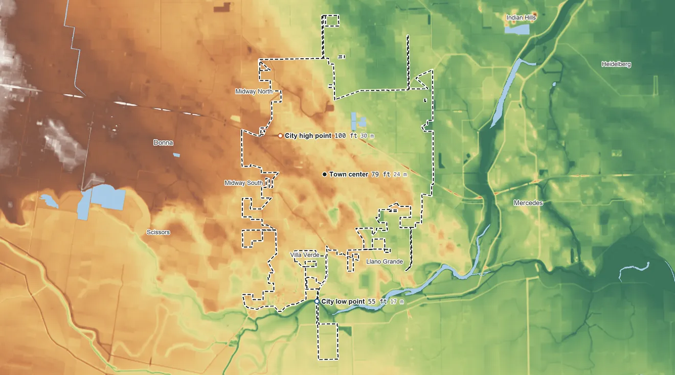 Topographic elevation map of Weslaco, Texas, shaded from 55 ft on the south side to 100 ft on the northwest side