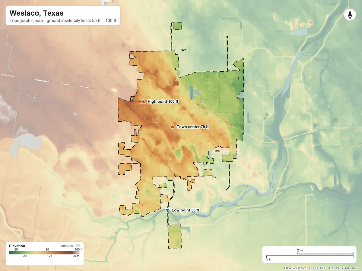 Topographic elevation map of Weslaco, Texas, shaded from 55 ft on the south side to 100 ft on the northwest side