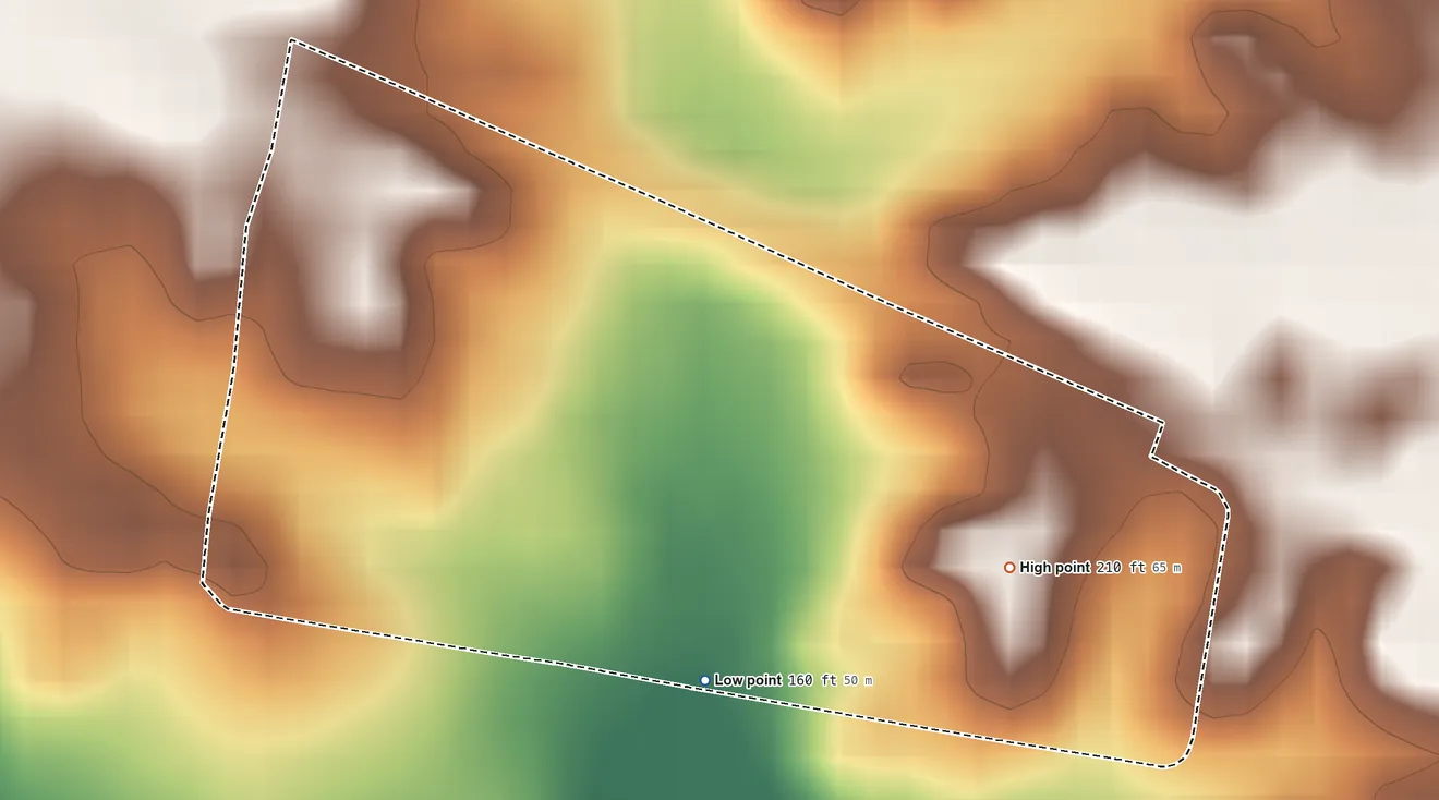 Topographic elevation map of West Alto Bonito, Texas, shaded from 160 ft on the southwest side to 210 ft on the southeast side