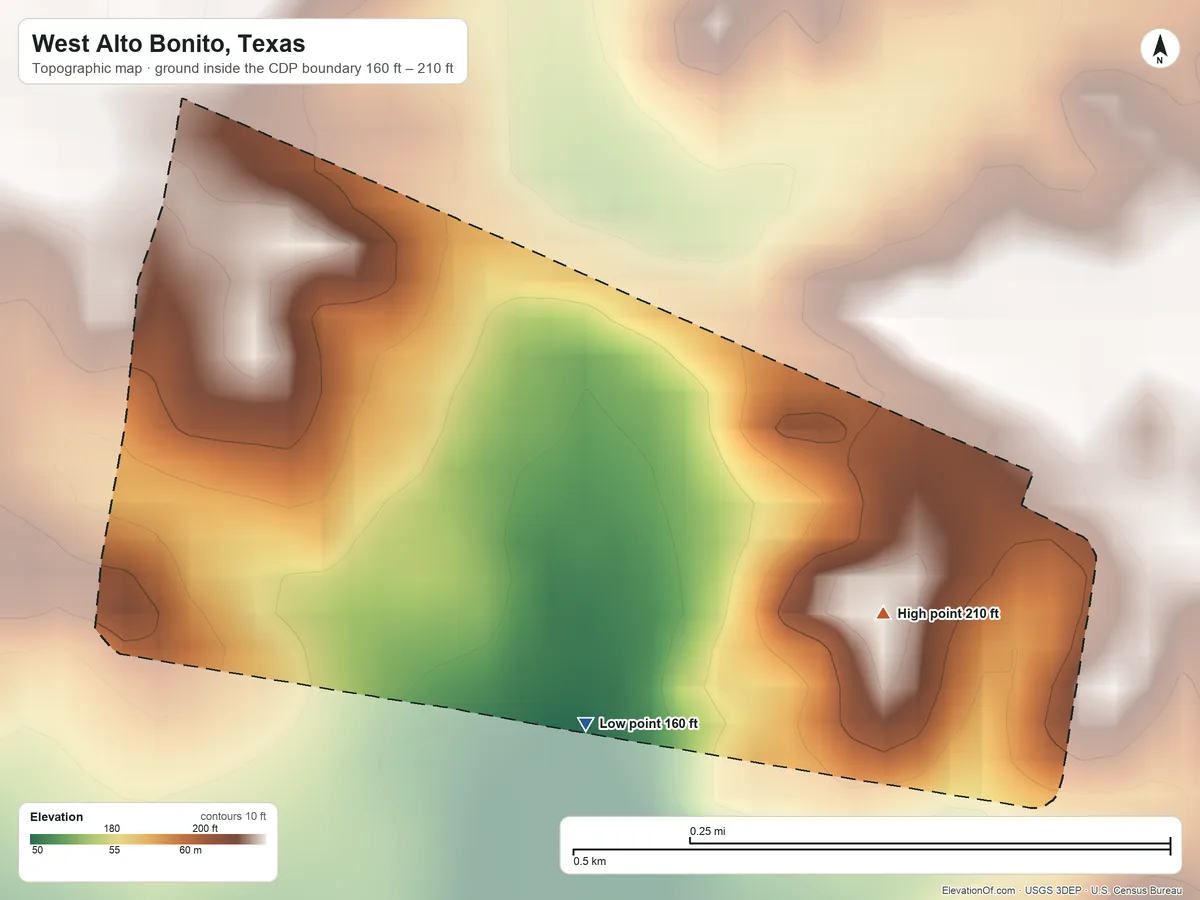 Topographic elevation map of West Alto Bonito, Texas, shaded from 160 ft on the southwest side to 210 ft on the southeast side
