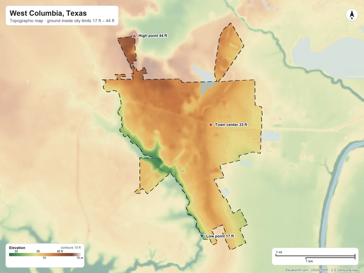 Topographic elevation map of West Columbia, Texas, shaded from 17 ft on the south side to 44 ft on the northwest side