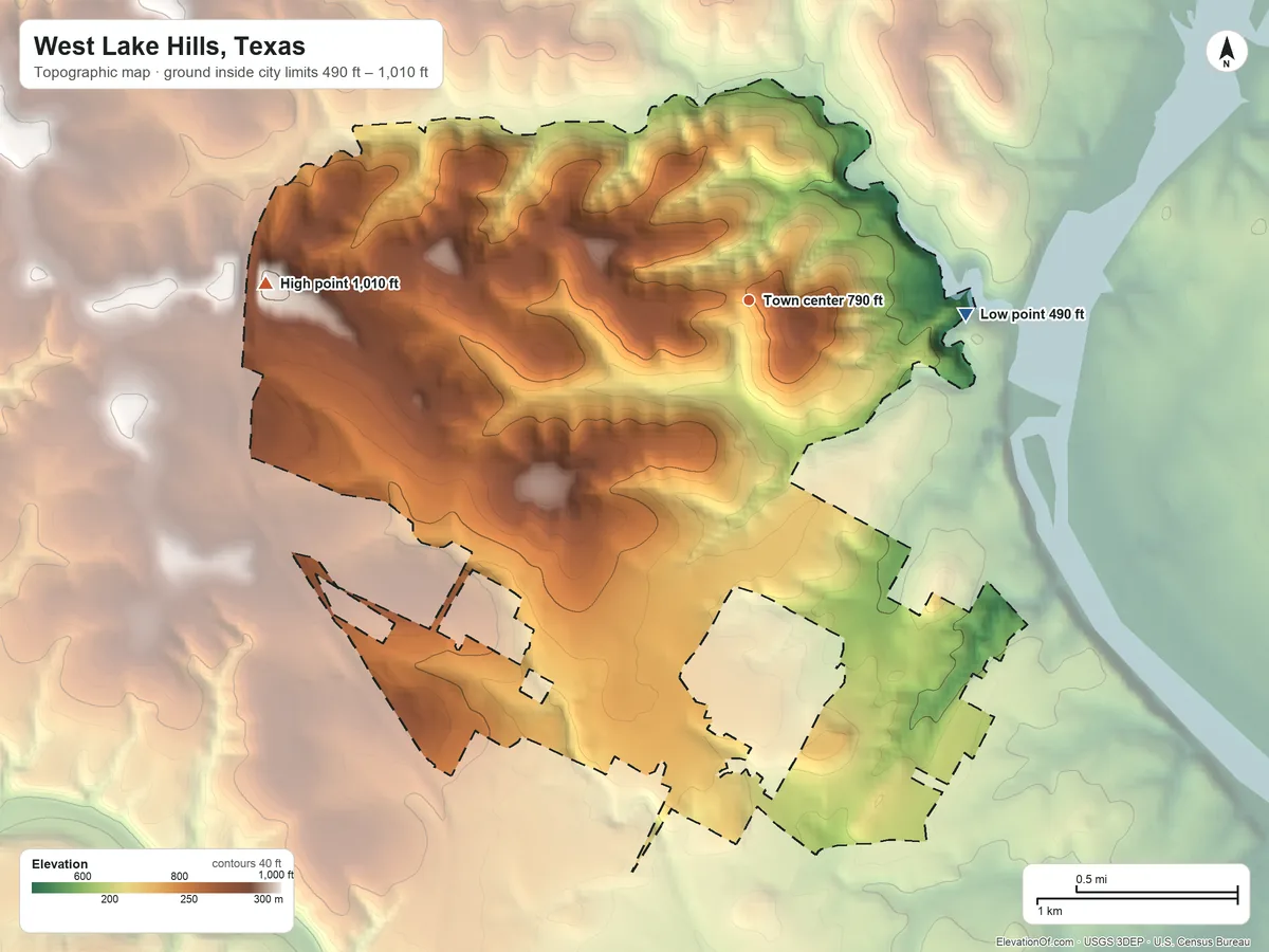 Topographic elevation map of West Lake Hills, Texas, shaded from 490 ft on the east side to 1,010 ft on the west side