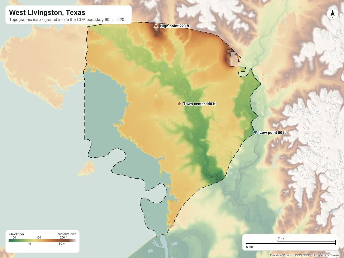 Topographic elevation map of West Livingston, Texas, shaded from 90 ft on the east side to 220 ft on the north side