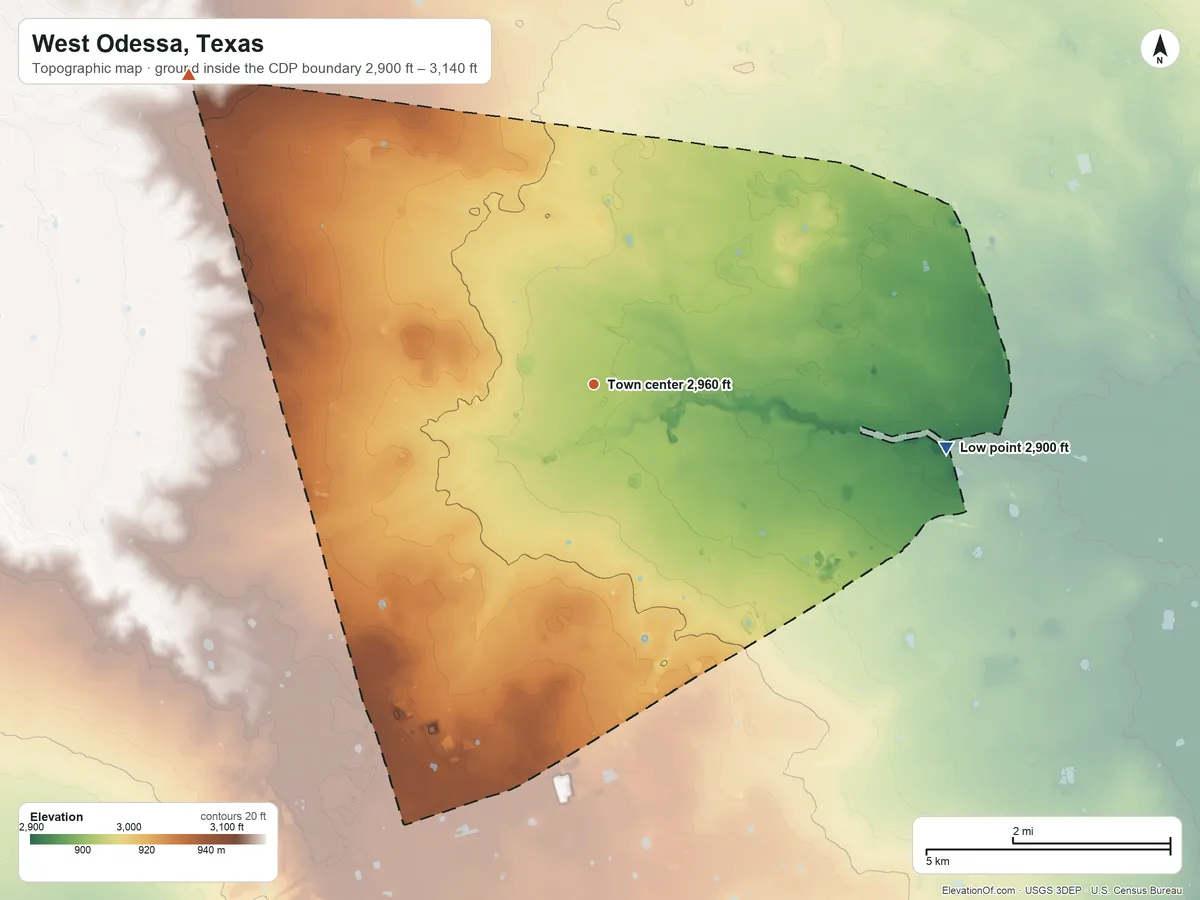 Topographic elevation map of West Odessa, Texas, shaded from 2,900 ft on the east side to 3,140 ft on the northwest side