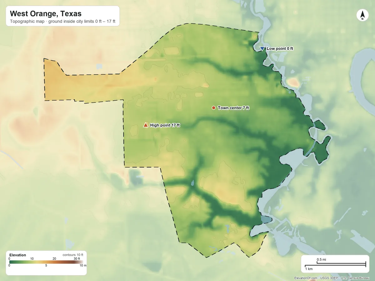 Topographic elevation map of West Orange, Texas, shaded from 0 ft on the northeast side to 17 ft on the west side